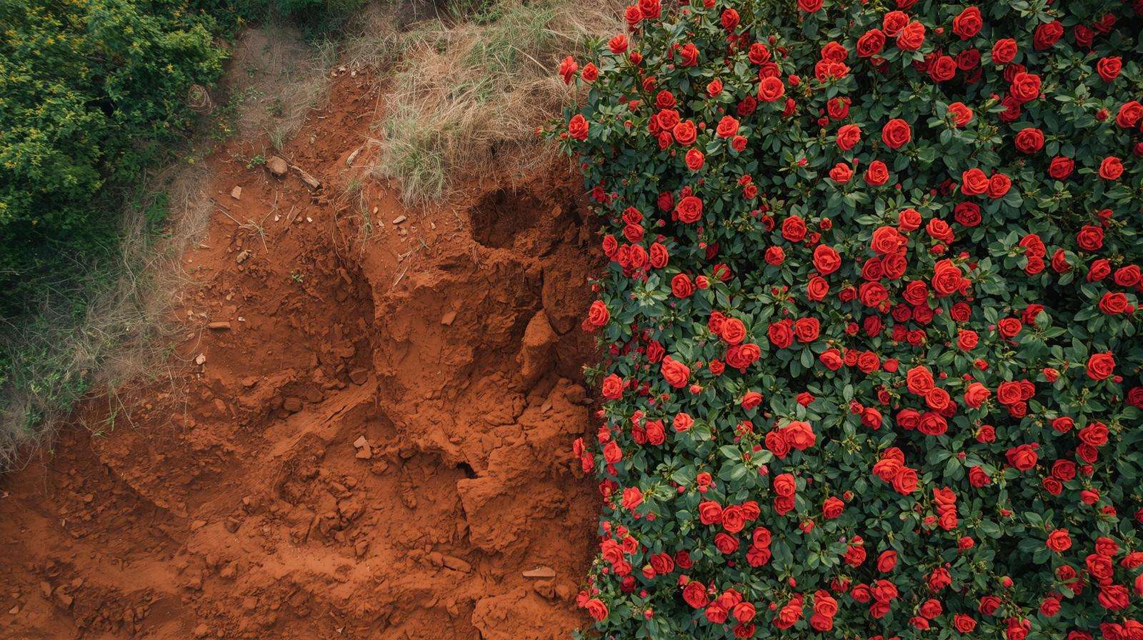 Real erosion-control transformation using groundcover roses — bare clay slope to full blooming carpet in 2 years.