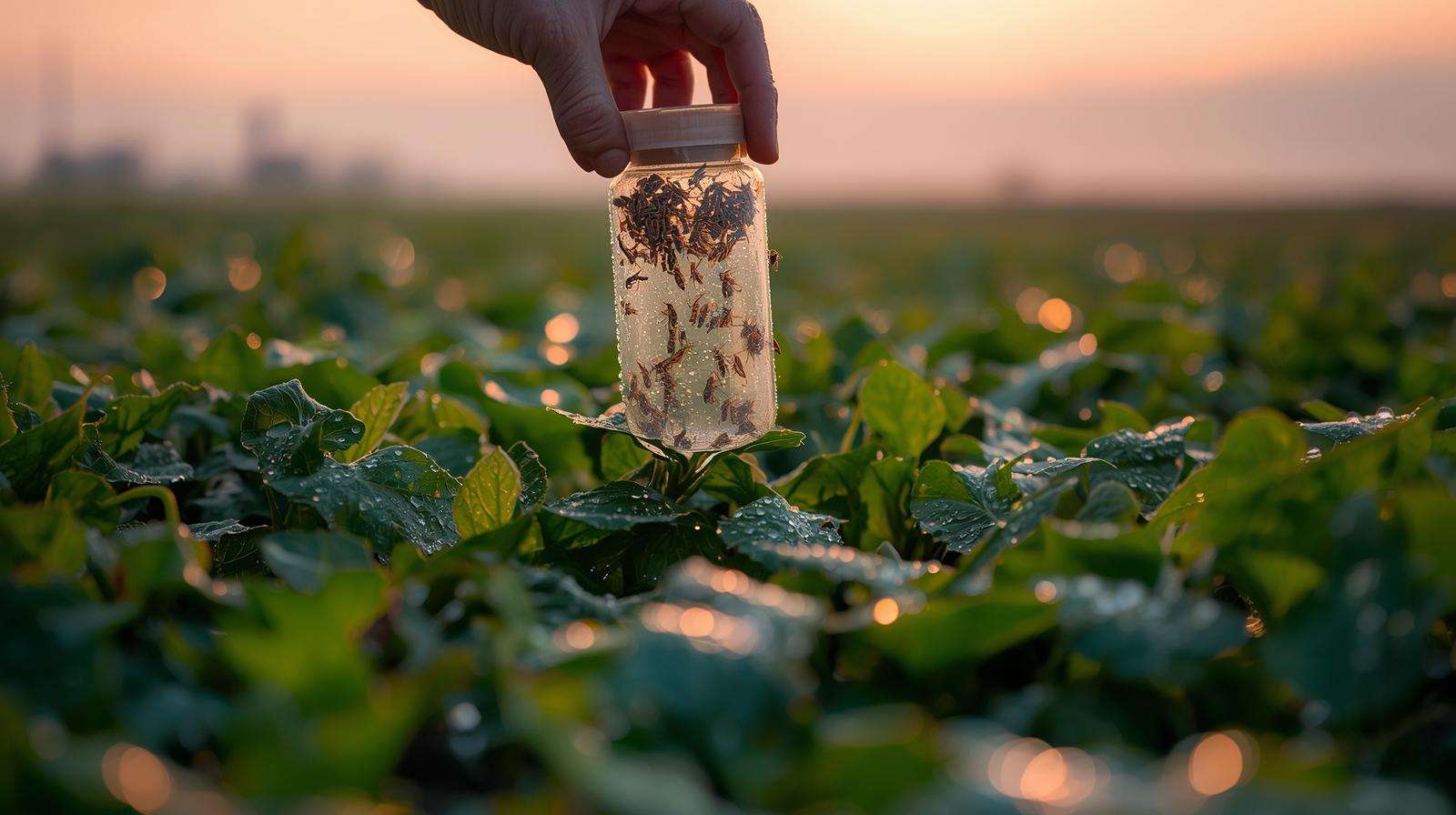 Farmer releasing predatory wasps over soybean field for natural black fly repellent