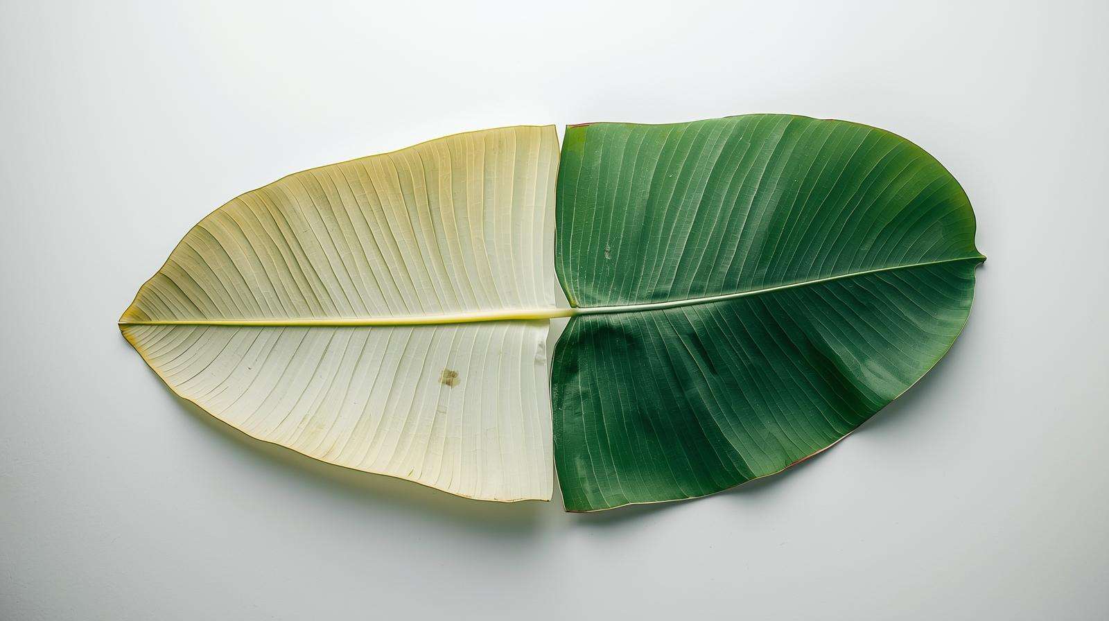 Banana leaf magnesium deficiency before and after fertilizer correction.