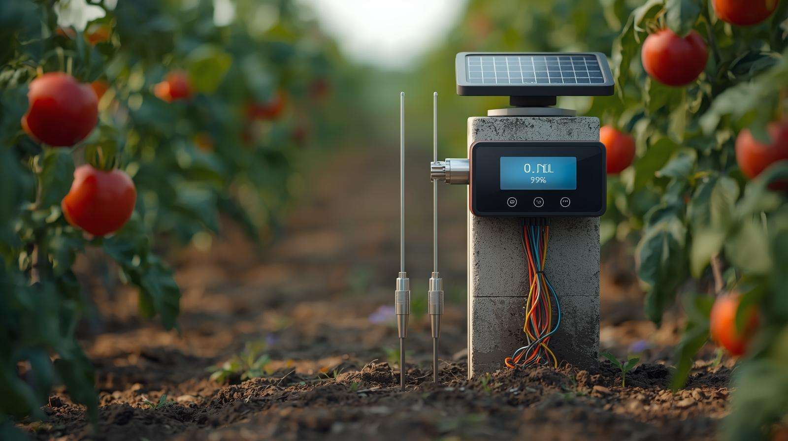 Soil moisture probe station validating zero retention performance in tomato field with 97% distribution uniformity.
