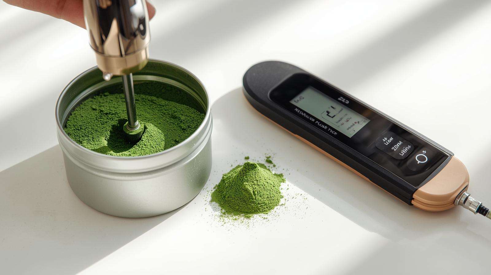 Storing home-ground matcha tea leaves powder in nitrogen tin for 12-month freshness.