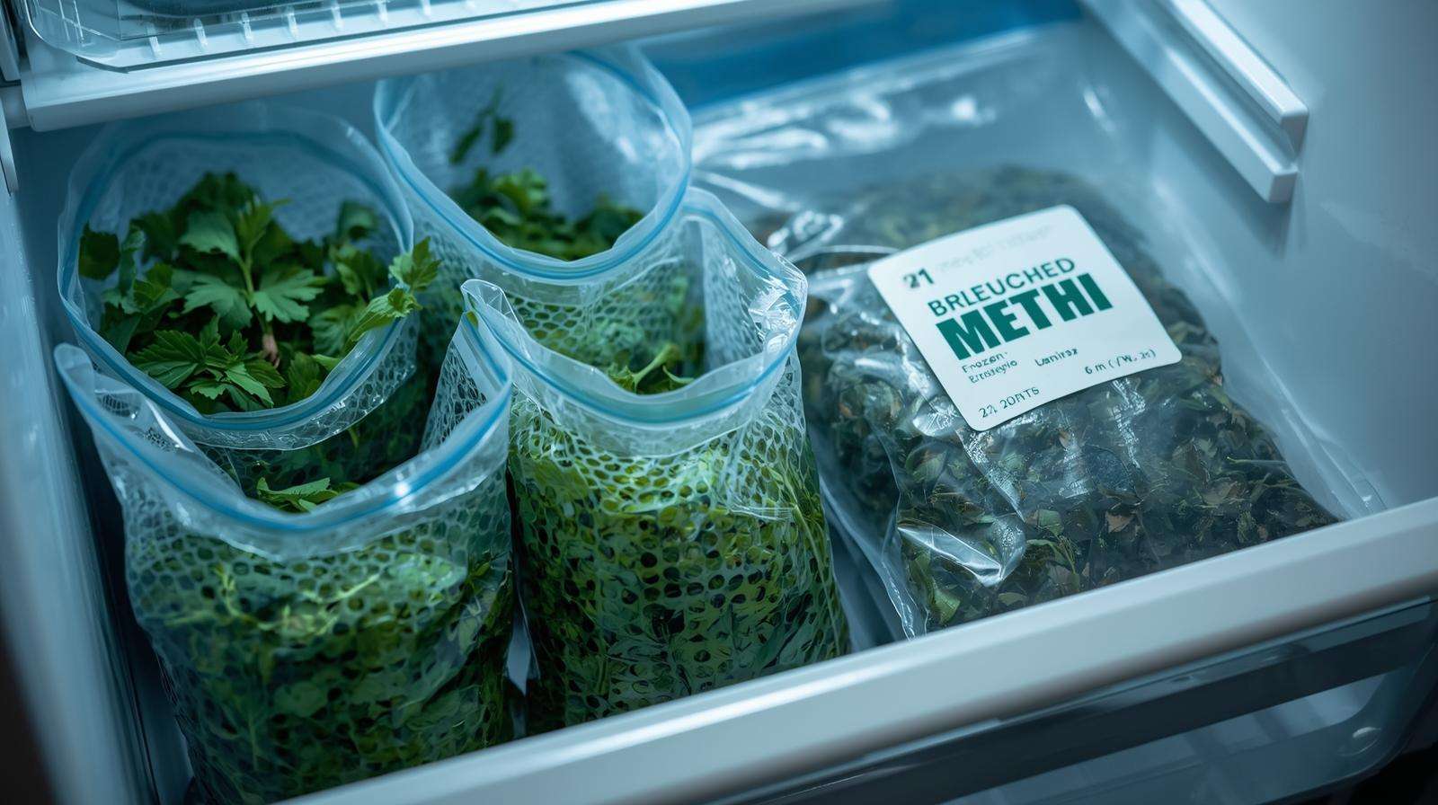 Proper storage methods to keep methi leaves fresh for 21 days in fridge or 6 months frozen.