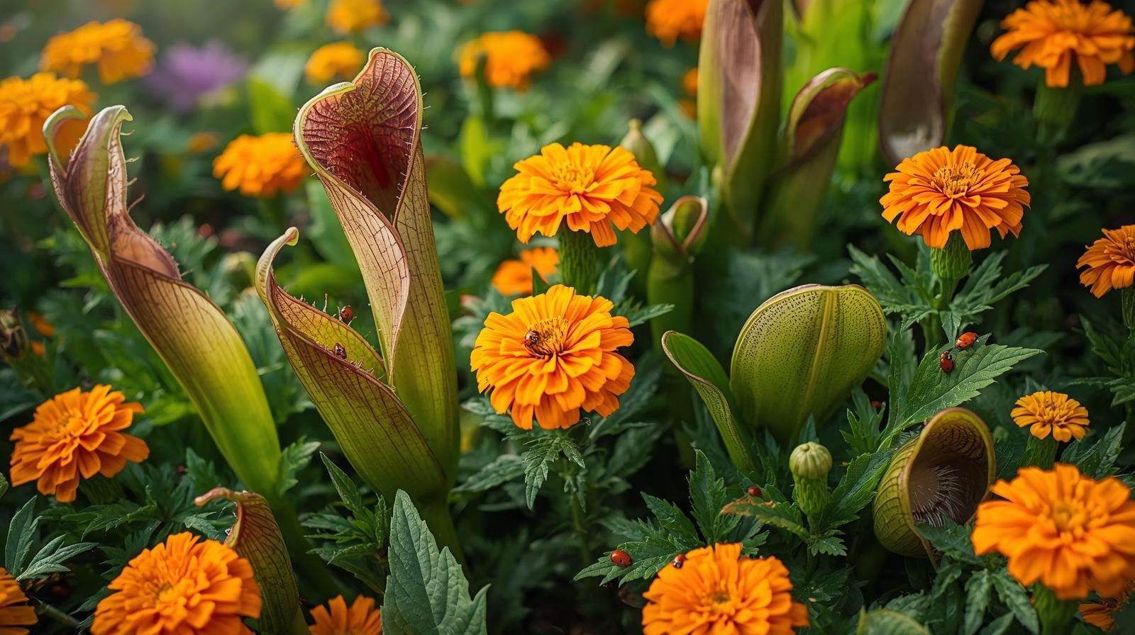Garden plot with giant Venus fly traps, marigolds, and ladybugs for integrated pest management.