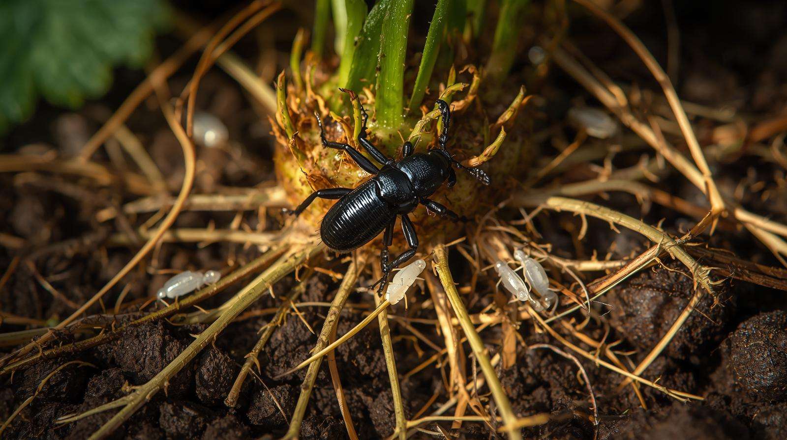 rove beetle predating root aphids on strawberry roots – natural pest control