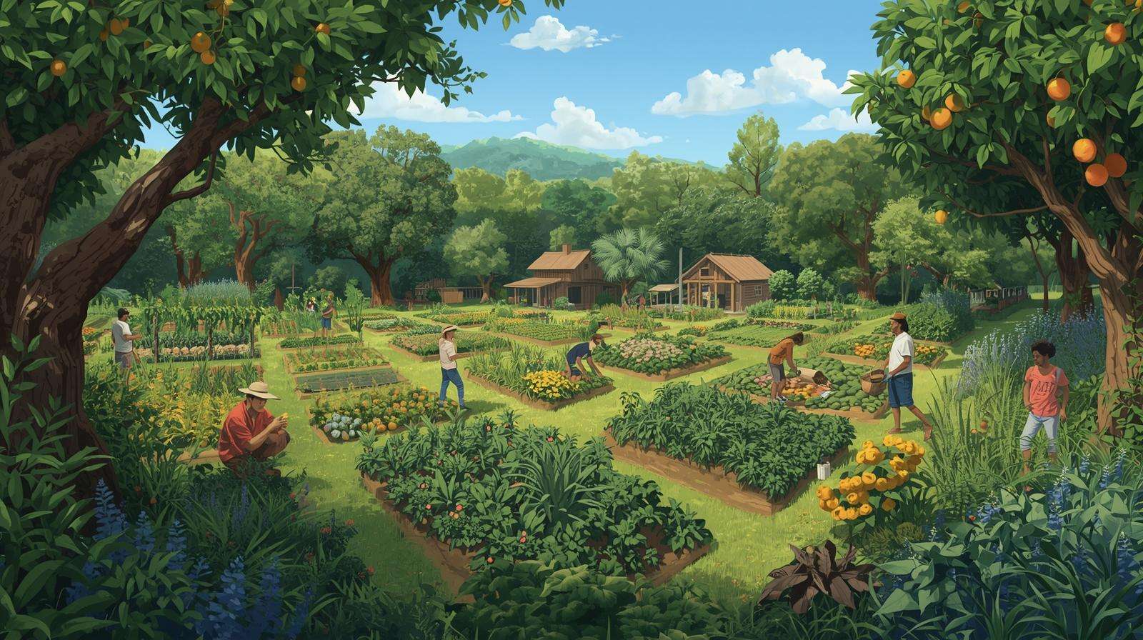Community permaculture food forest with diverse crops and workers.