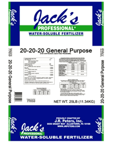 Jack's Professional 20-20-20 General Purpose Water-Soluble Fertilizer with Micronutrients for Heavy Feeding Plants in Continuous Liquid Feed Programs, 25lbs
