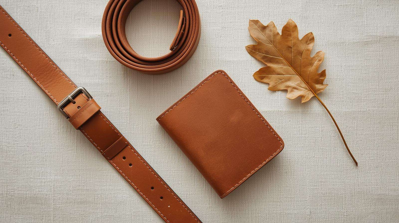 Handcrafted ecological leather belt, journal, and wallet made from permaculture farm hides