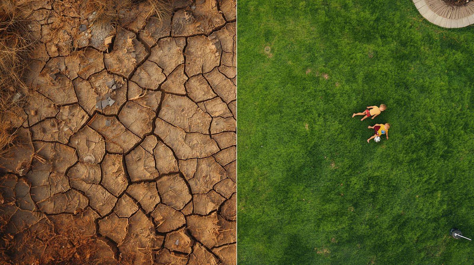 Real before-and-after of drought tolerant grass saving 72% water and staying green in Arizona desert.