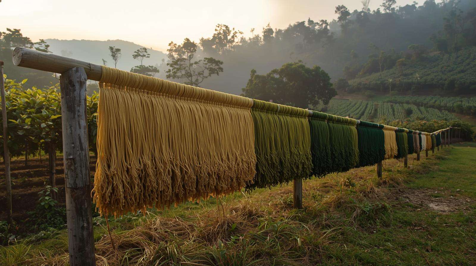 Naturally avocado-dyed ecological wool fleece drying on cedar rack, Colombian highland permaculture farm.