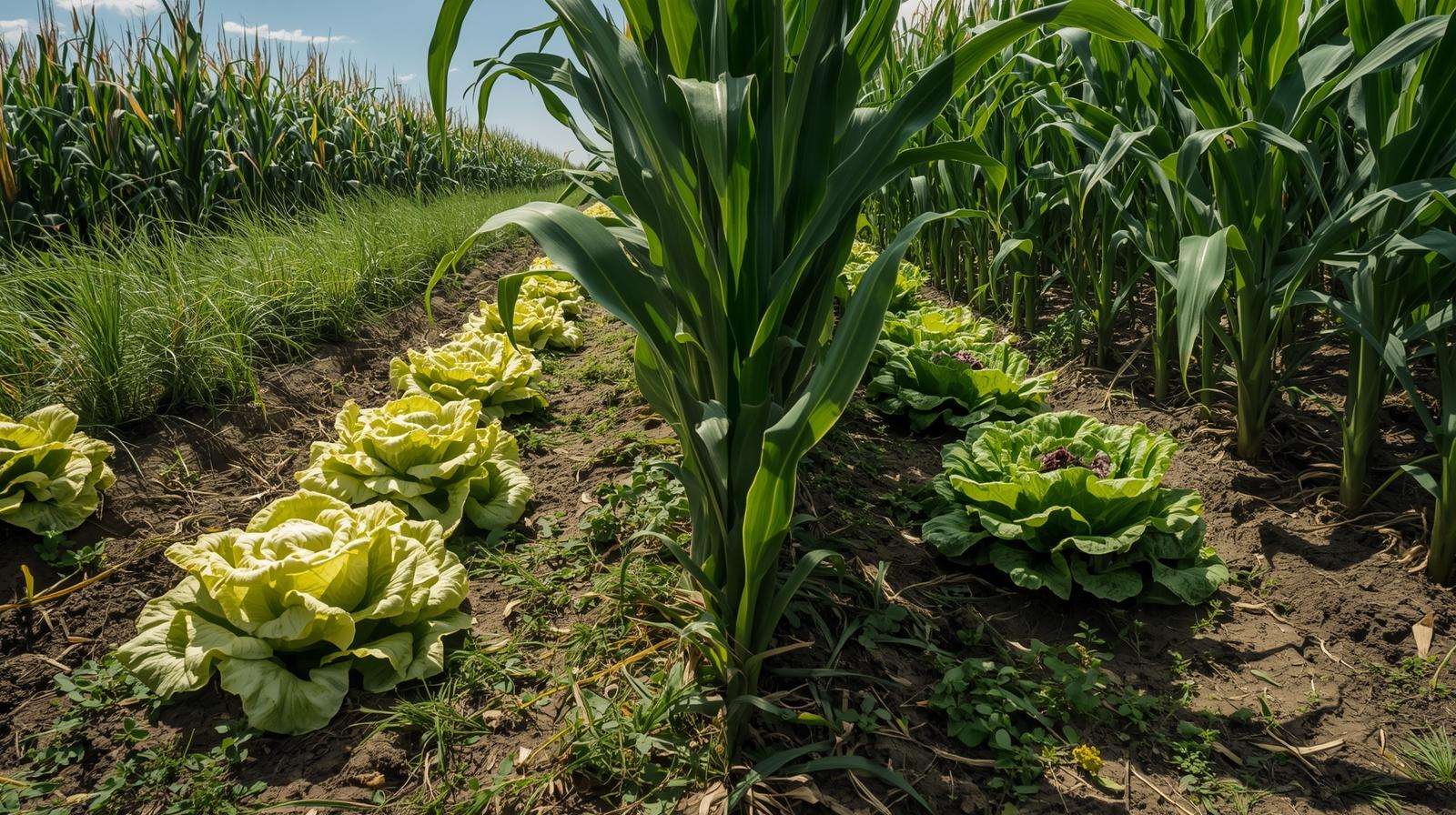 Before-and-after cornfield lettuce: left side shows common spacing and timing mistakes, right side shows perfect 5-inch grid and correct corn height trigger
