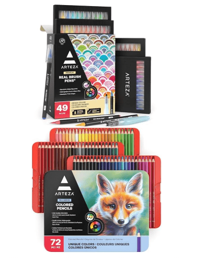 ARTEZA Real Brush Pens, 48 Watercolor Pens for Dynamic Watercolor Effects and Calligraphy and Colored Pencils for Adult Coloring 72 Colors