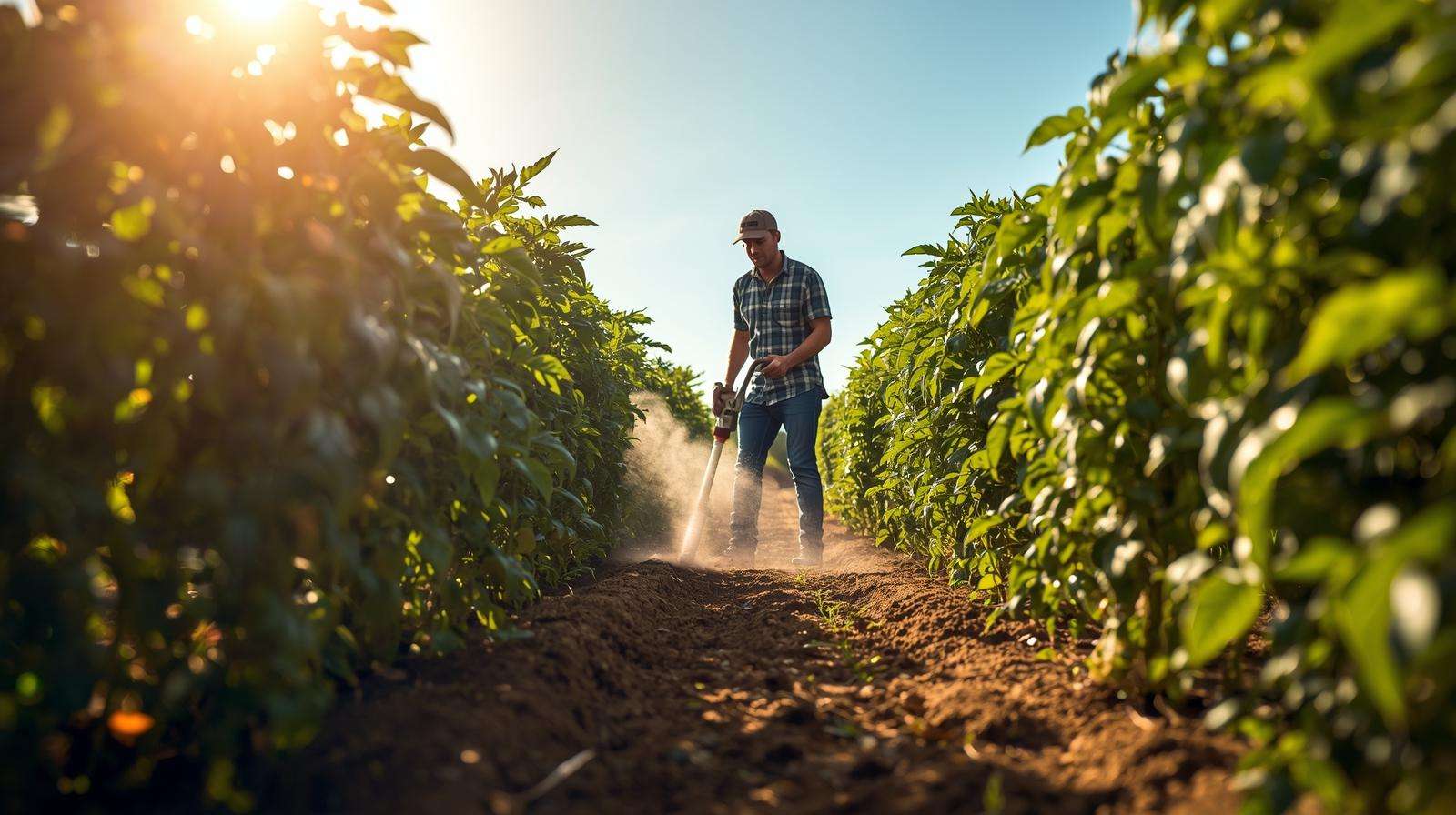 Farmer dusting diatomaceous earth on tomato plants for black fly control