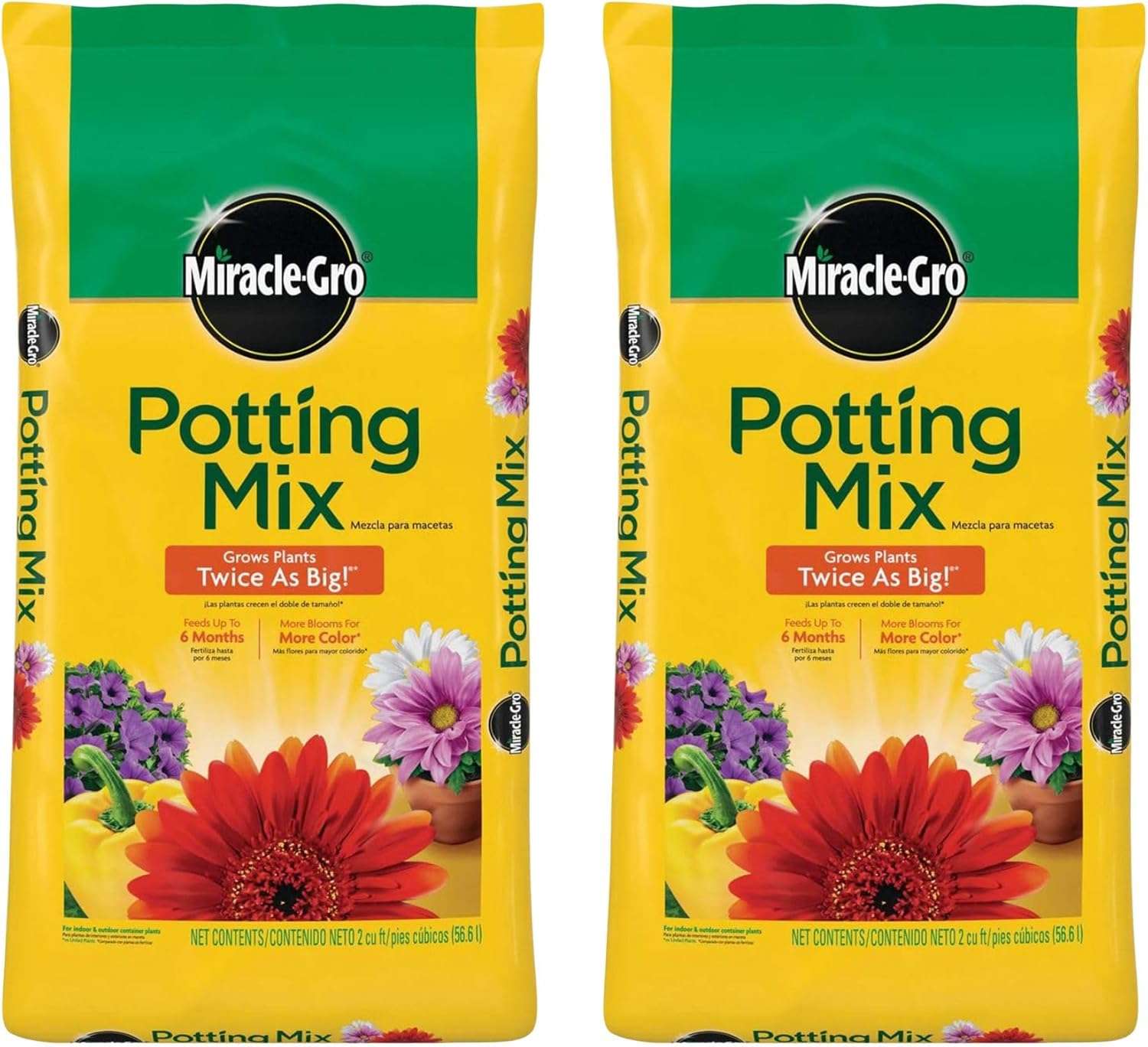 Miracle-Gro 2 Pack Potting Soil Mix for Container Plants, Flowers, Vegetables, Shrubs, Annuals, and Perennials, Feeds for Up to 6 Months, 2 Cu Ft