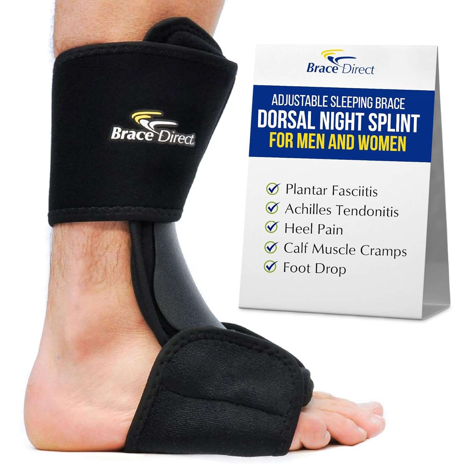 Brace Direct Dorsal Night Splint – Adjustable Sleeping Brace for Plantar Fasciitis, Achilles Tendonitis & Drop Foot, Heel & Arch Pain Relief, Size S-M (US Shoe Men 5-8 / Women 6-9)