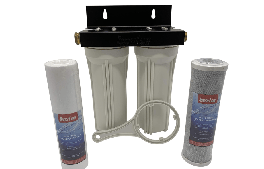 Beech Lane External RV Dual Water Filter System, Leak-Free Brass Fittings, Mounting Bracket and Two Filters Included, Sturdy Construction is Built to Last