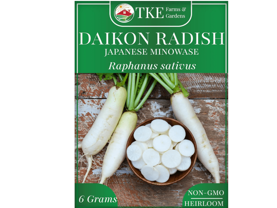 TKE Farms & Gardens - Daikon Radish Seeds for Planting, 500+ Heirloom Non-GMO Seeds, Japanese Minowase, Fast-Growing & Low-Calorie Superfood, Great for Pickling & Cover Crops, Instructions Included