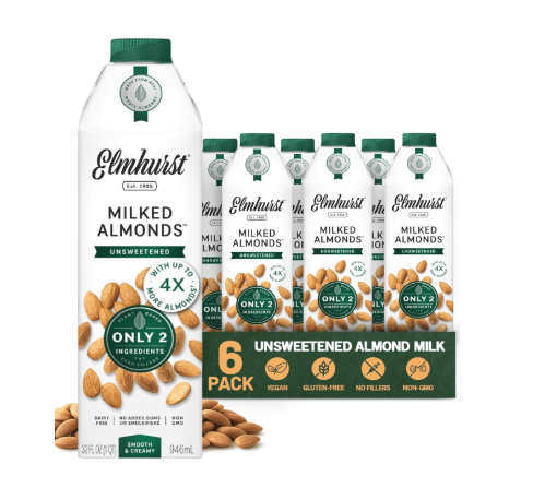 Elmhurst 1925 Unsweetened Almond Milk - 32 Ounce (Pack of 6) Dairy-Free, Vegan, Kosher, No Added Sugar, Shelf Stable Milk Made with Water & Almonds for Healthier, Simpler Plant-Based Alternatives