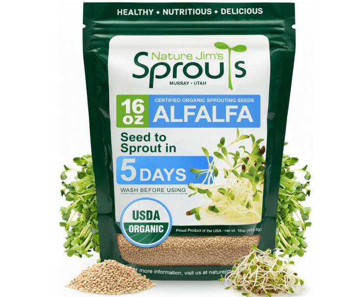 Nature Jims Sprouts Alfalfa Seeds – Non-GMO Organic Sprout Growing Kit for Planting – Premium Resealable Bag for Fresh Homegrown Sprouting Seeds – Rich in Nutrients, Vitamins, Fiber & Minerals – 16oz