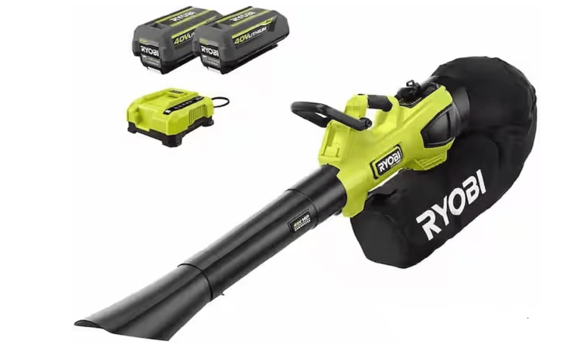 RYOBI 40V HP Brushless 100 MPH 600 CFM Cordless Leaf Blower/Mulcher/Vacuum with (2) 4.0 Ah Batteries and Charger Green