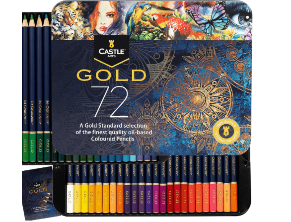 Castle Art Supplies Gold Standard 72 Colouring Pencils Set | Quality Oil-based Coloured Cores Stay Sharper, Tougher Against Breakage | For Adult Artists, Colourists | In Presentation Tin Box