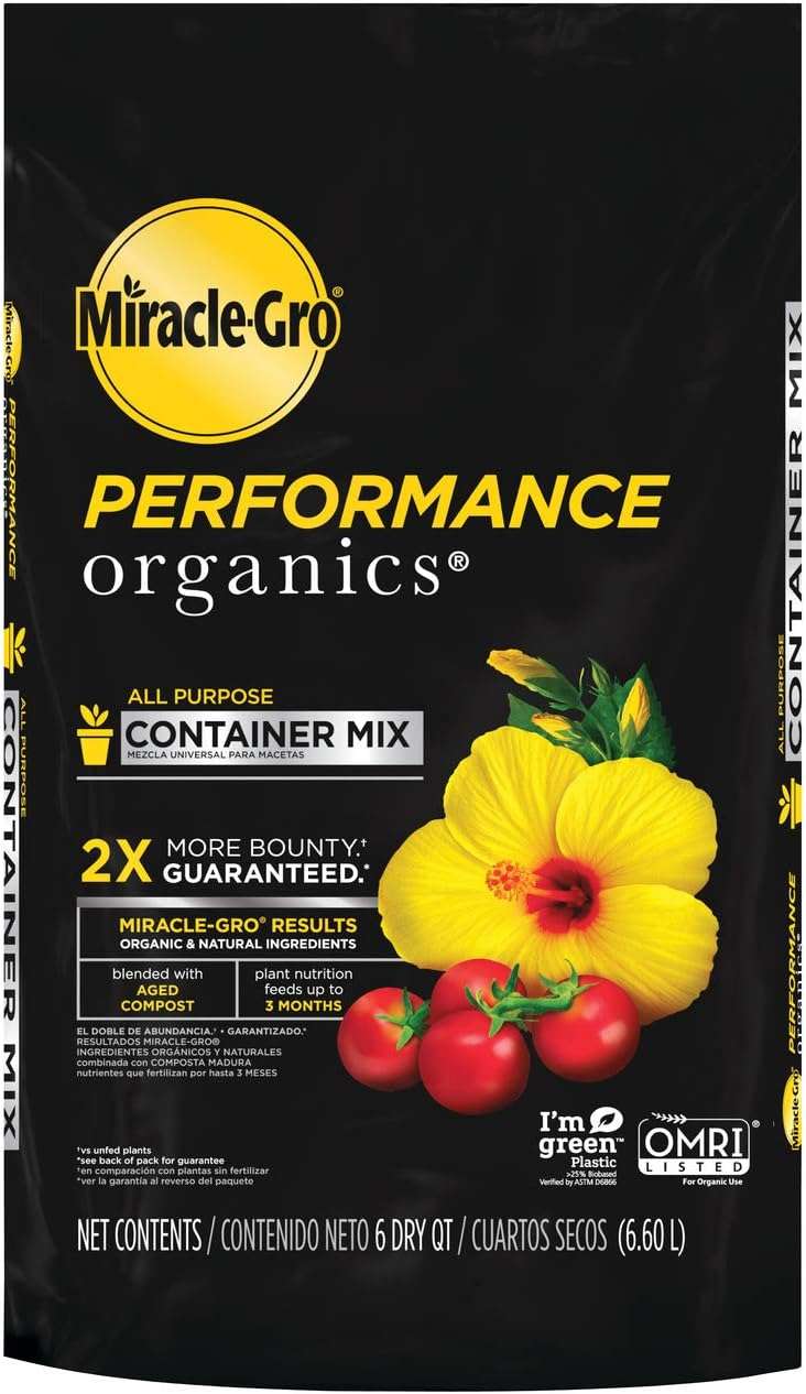 Miracle-Gro Performance Organics All Purpose Container Mix, 6 qt. - Organic, All Natural Plant Soil - Feed for up to 3 Months - All-Purpose Formula for Vegetables, Flowers and Herbs