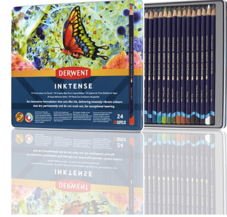 Derwent Inktense Pencils Tin, Set of 24, Great for Holiday Gifts, 4mm Round Core, Firm Texture, Watersoluble, Ideal for Watercolor, Drawing, Coloring and Painting on Paper and Fabric (0700929)