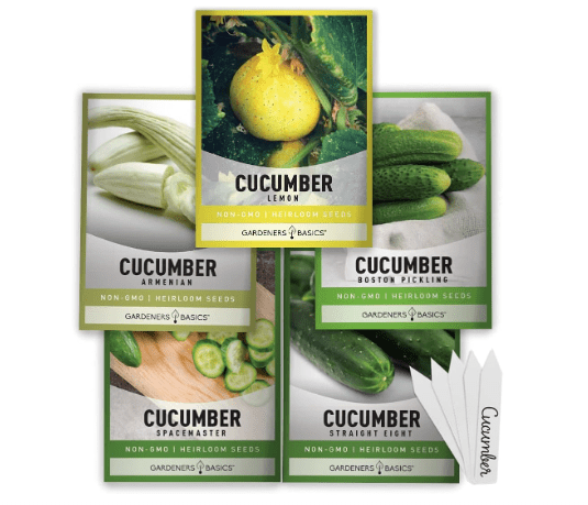 Gardeners Basics, Cucumber Seeds for Planting Outdoors 5 Variety Pack Armenian, Boston Pickling, Lemon, Spacemaster, Straight Eight Veggie Seeds