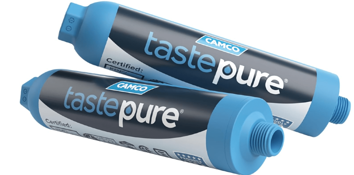 Camco Tastepure RV Water Filter - Advanced 6-Step Patent-Protected Filtration - Camping Essentials for Fresh Drinking Water - 2-Pack of RV Inline Water Filters, Made in USA (40045)