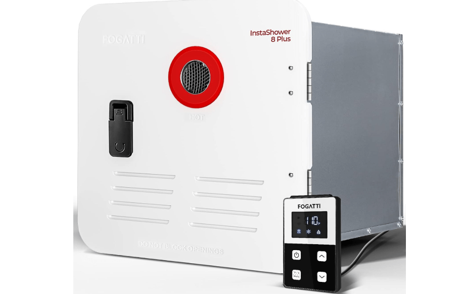 FOGATTI RV Tankless Water Heater, with 15 x 15 inches Black Door and Remote Controller, DC 12V, Best High Altitude Performance, Ideal for RVers' Everyday Use, InstaShower 8 Plus, Gen 2