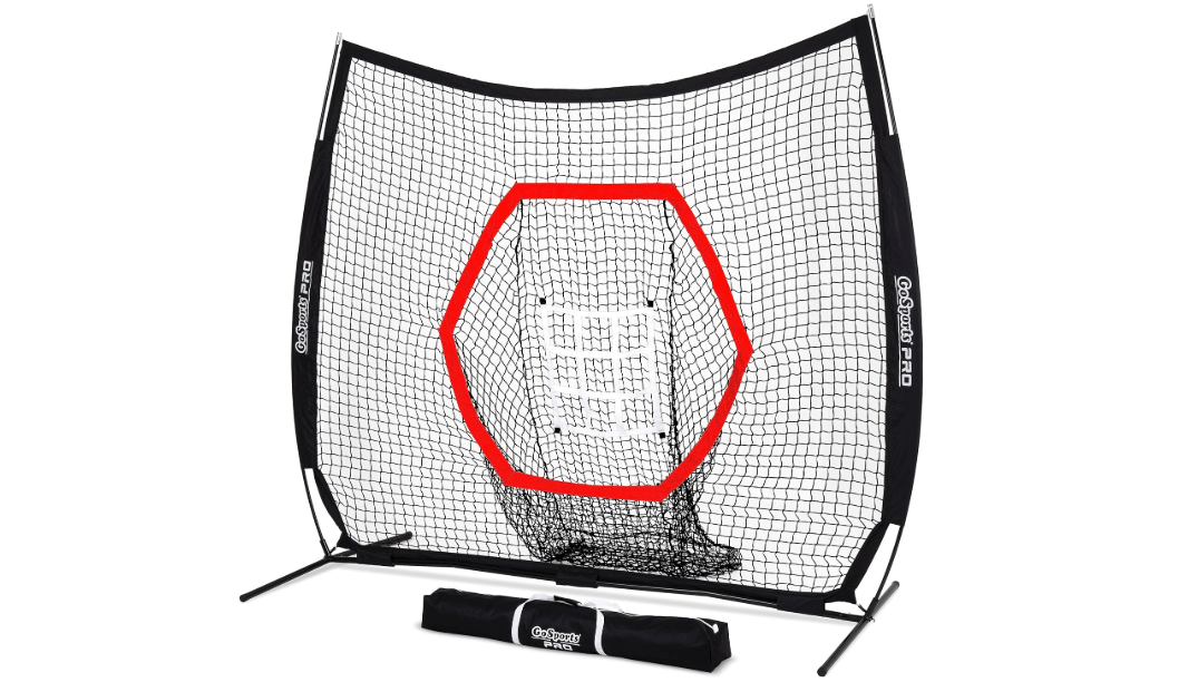 GoSports 7 ft x 7 ft Baseball & Softball Nets - Red, Black, or PRO -Practice Hitting & Pitching Net with Bow Type Frame, Carry Bag and Strike Zone, Great for All Skill Levels