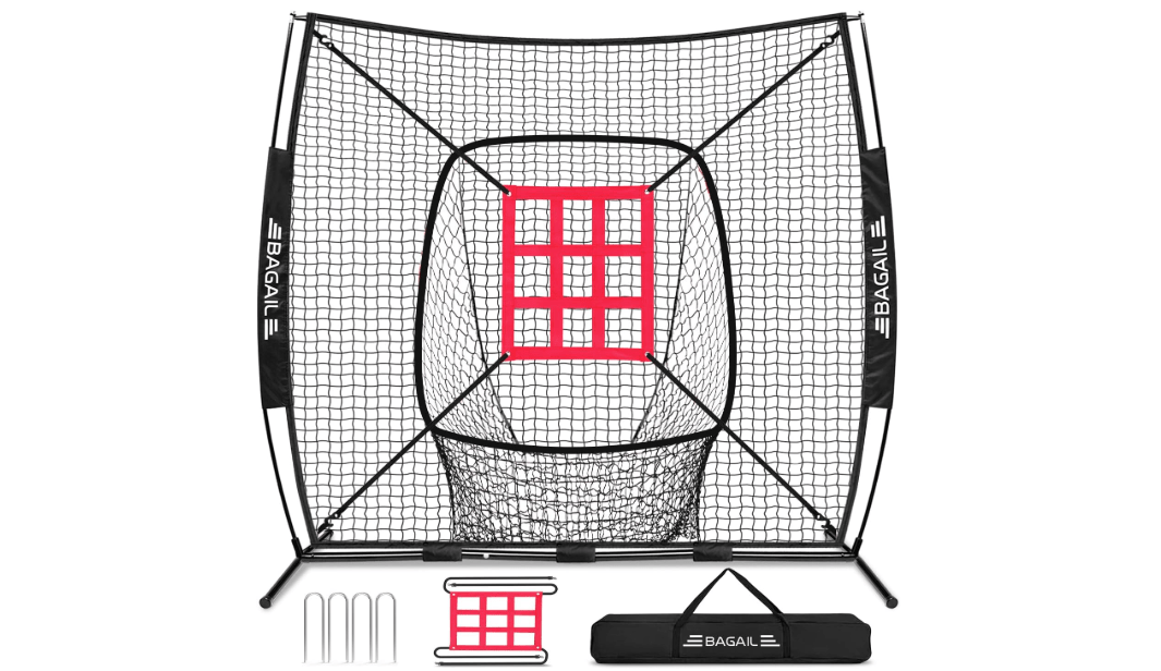 BAGAIL 7x7 ft Baseball & Softball Practice Net with Bow Frame for Batting, Hitting, Pitching, Portable Baseball Throwing Net with Strike Zone, Carry Bag, Baseball Training Aid for All Levels