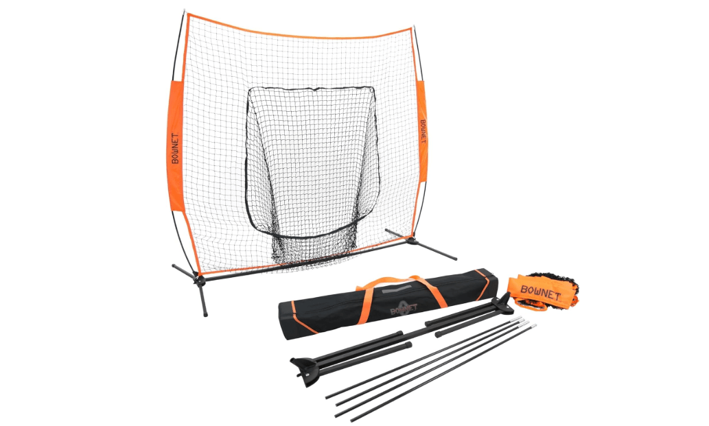 Bownet Original Big Mouth (7' x 7') Baseball Softball Hitting Pitching Net - Durable Powder-Coated Steel Frame - Portable Sport Practice Net - Easy Setup - Portable with Travel Bag (Orange)