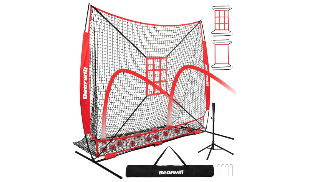 Bearwill Baseball Net, 7x7ft Baseball Softball Pitching Net with Large Ball Collection System, Hitting Net Batting Net with Tee, 2 Strike Zones, Carry Bag, Baseball Nets for Batting Hitting Pitching 
