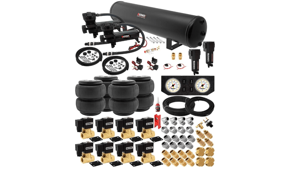 Vixen Air Suspension Kit for Truck/Car Bag/Air Ride/Spring. On Board System- Dual 200psi Compressor, 5 Gallon Tank. for Boat Lift,Towing,Lowering,Load Leveling,Onboard Train Horn VXX1209FW/4852DBF
