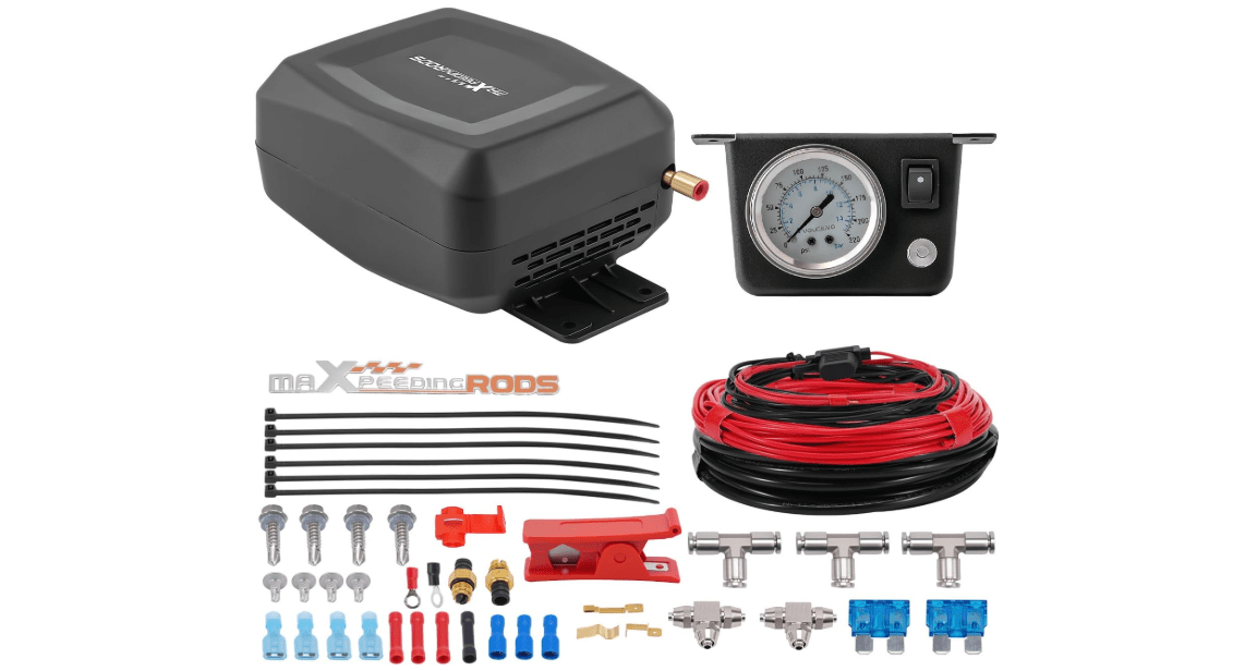 maXpeedingrods On Board Air Compressor System Universal Air Spring Compressor Kit with Gauge Air Line T Fittings for Trucks Vans
