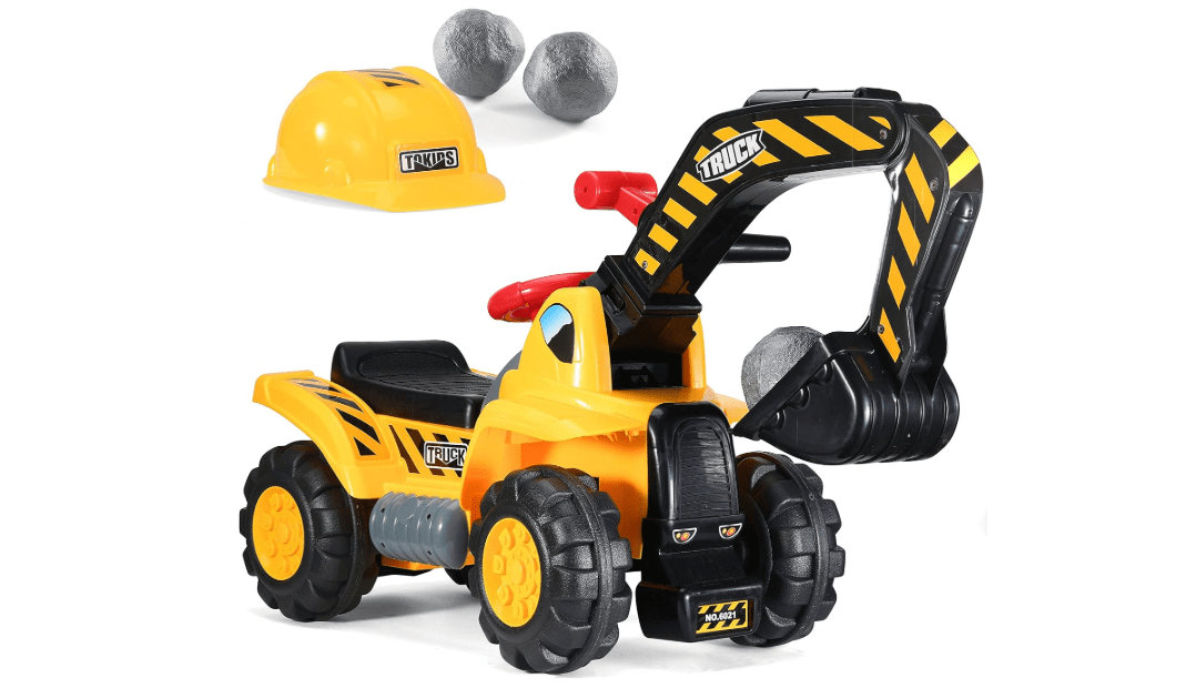 Play22 Toy Tractors for Kids Ride On Excavator - Music Sounds Digger Scooter Bulldozer Includes Helmet with Rocks - Pretend Play - Toddler Construction Truck
