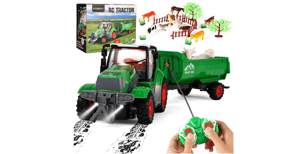 FIIOEOY Remote Control Tractor Toys, RC Tractor Set with Trailer/Farm Animals/Fences/Light, Farm Vehicle Toys for 3-7 Year Old Boys Kids Toddlers Birthday Gifts
