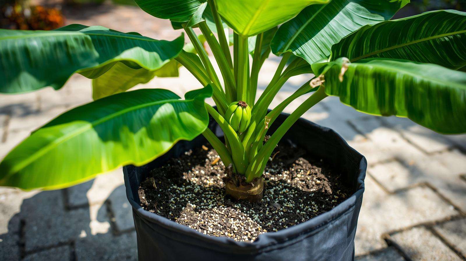 Container banana tree fertilizer setup with slow-release granules in fabric pot.