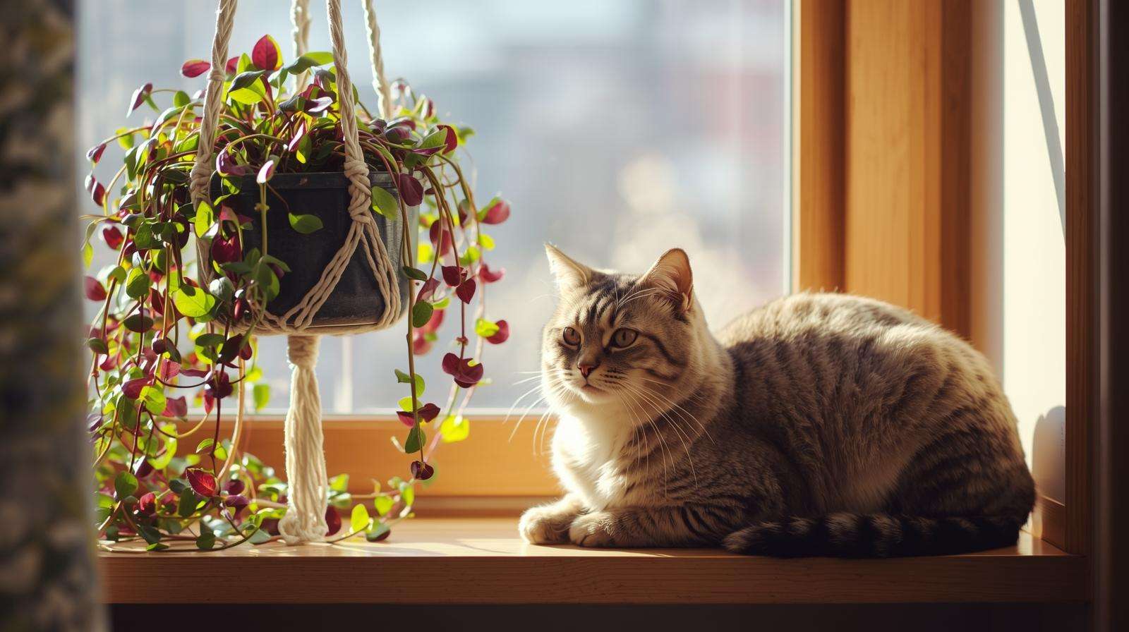 Cat-safe prayer plant setup using high hanging macramé planter.
