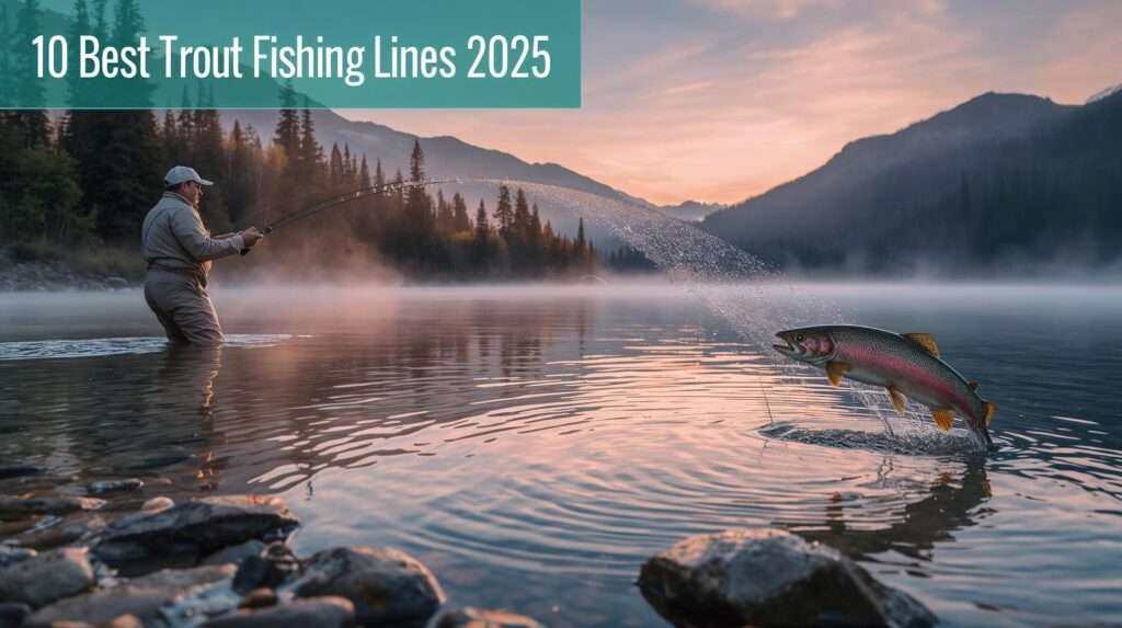 Best trout fishing lines—sunrise cast on a misty mountain stream with leaping rainbow.