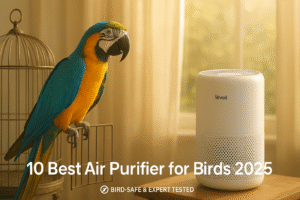 Best air purifier for birds 2025 – Levoit Core 300S in a peaceful bird room with happy macaw, expert guide featured image.