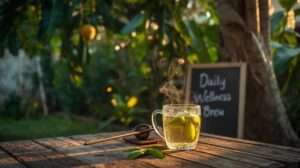 Fresh soursop leaves and steaming wellness tea from home-grown tree showcasing health benefits of soursop leaves.