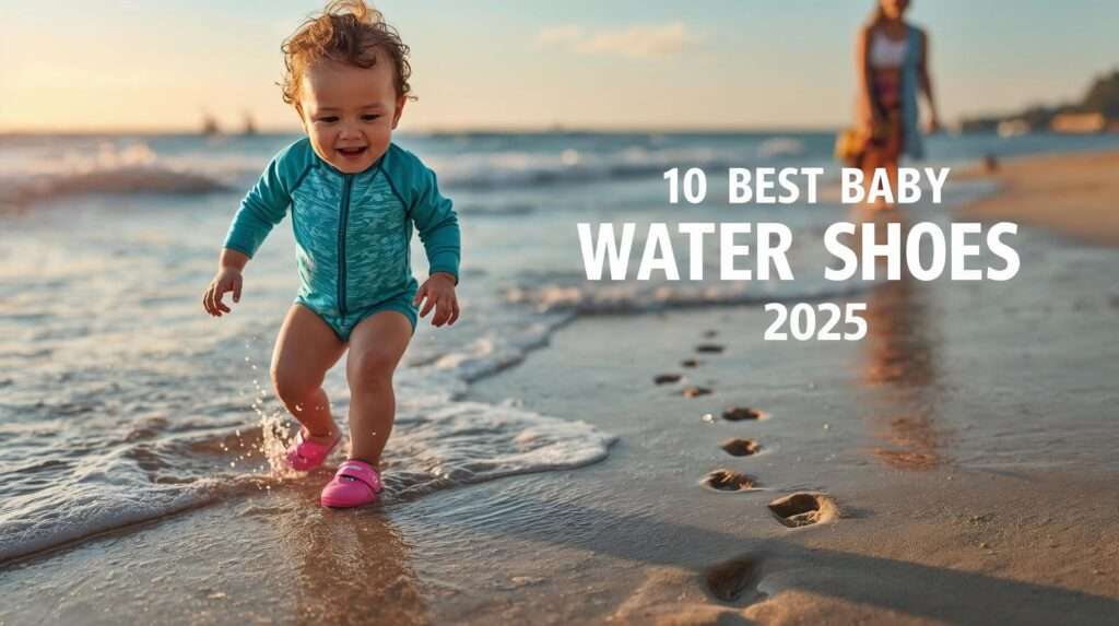 Best baby water shoes—toddler safely splashing in iPlay water shoes on sunset beach.