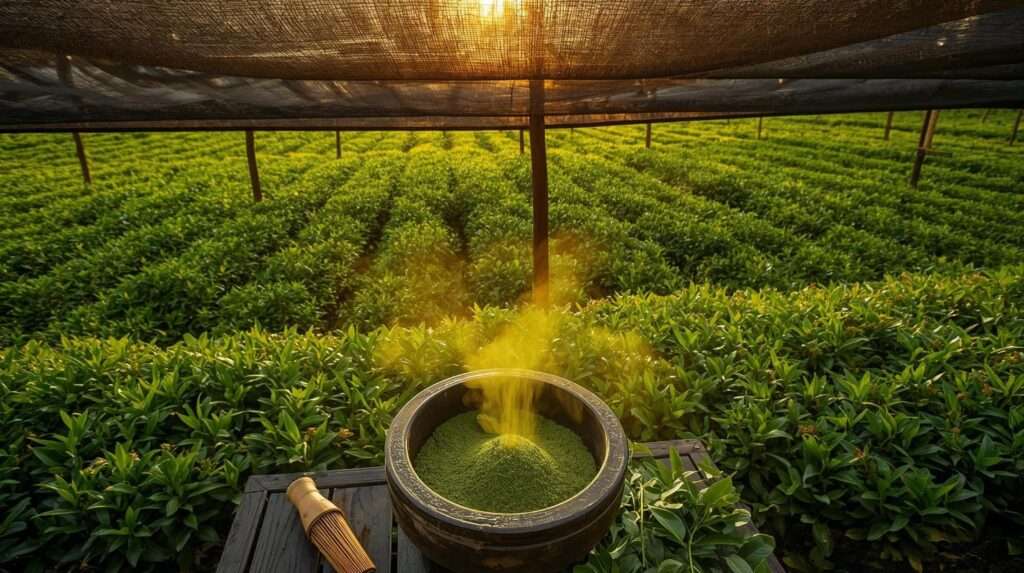 Home-grown matcha tea leaves under shade net with stone mill grinding premium green powder in backyard garden.