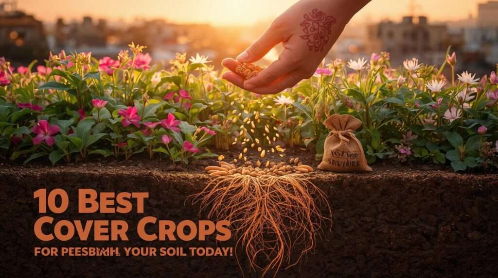 Sunrise rooftop garden in Bangladesh showcasing the 10 best cover crops for garden with clover, rye, daikon, and buckwheat for soil health, erosion control, and sustainable gardening in 2025.