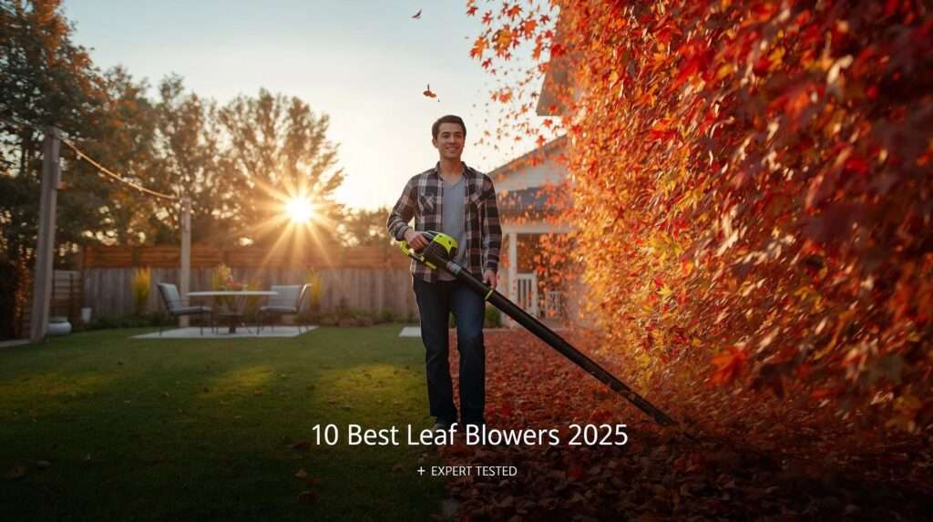 Man using the best leaf blower at ground level to realistically move autumn leaves into a pile – 2025 expert guide.