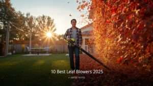 Man using the best leaf blower at ground level to realistically move autumn leaves into a pile – 2025 expert guide.
