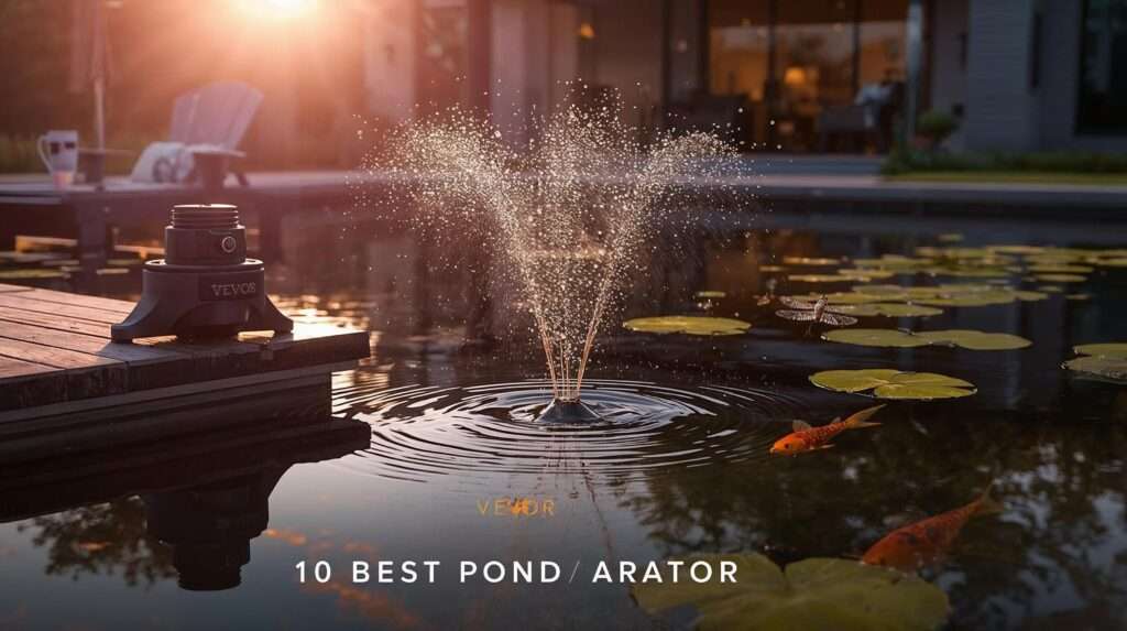 Backyard pond with best pond aerator (VEVOR model) bubbling at dawn, koi swimming in crystal water – 2025 expert review guide.
