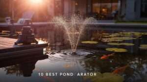 Backyard pond with best pond aerator (VEVOR model) bubbling at dawn, koi swimming in crystal water – 2025 expert review guide.