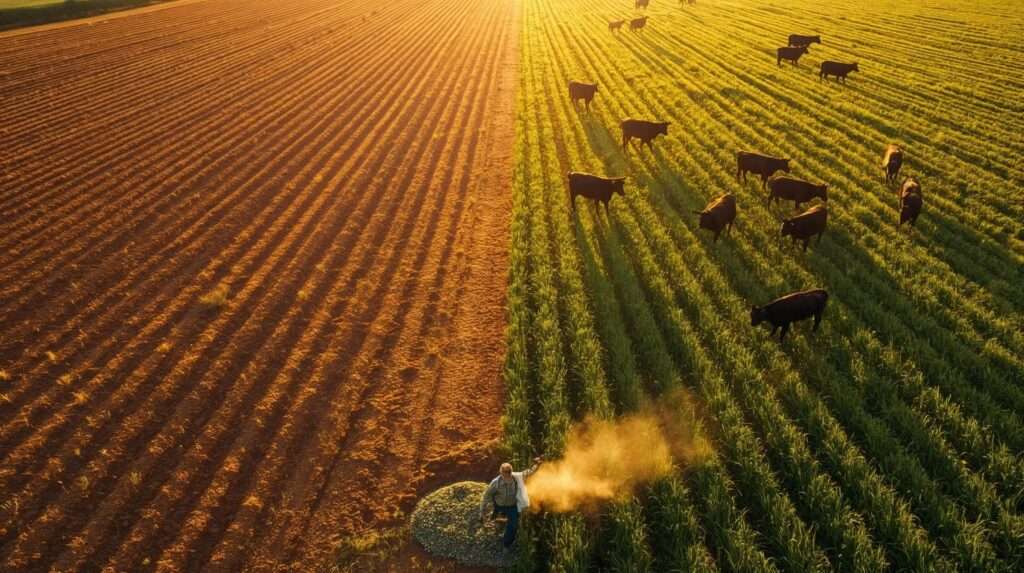 Before-and-after transformation using rye grass seed: bare clay to lush 8-ton pasture in 58 days with grazing cattle.